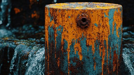 Rusty metal cylinder by flowing water