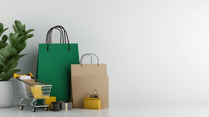 Shopping bags and a cart filled with gifts and presents against a clean white background in a modern setting