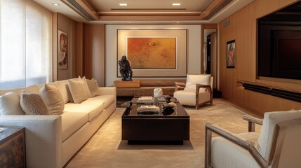 Living room with tactile artwork, textured furniture, and a layout that accommodates guide dogs or service animals
