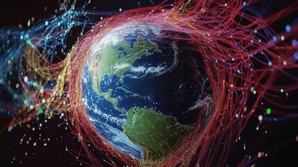 Earth surrounded by colorful data lines, visualizing global digital connections in a futuristic setting.