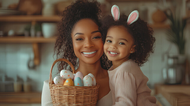 Smiling mother and daughter holding a basket of colorful Easter eggs in a cozy kitchen, celebrating the holiday together with warmth and joy
