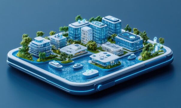 Smart city on a digital device, showcasing urban innovation and connectivity