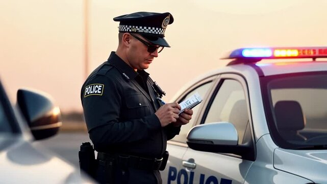 Futuristic police officer in warm glow issues traffic ticket by advanced tech car, blending space elements luxuriously.