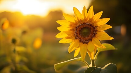 Obraz premium Sunflower Standing in Golden Sunlight During Sunset in an Open Field