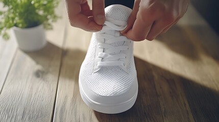Person Tying White Athletic Shoe Laces on Wooden Floor with Potted Plant in Background for Sport and Fitness Purpose