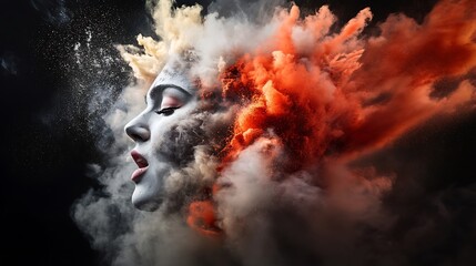 Ethereal Woman with Colorful Smoke and Dust Explosion Surrounding Her Face in Dramatic and Artistic Composition