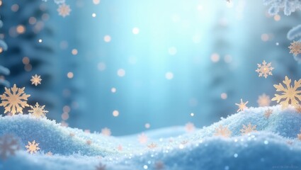 Magical Winter Wonderland Scene Sparkling Snow Golden Snowflakes Festive Background
