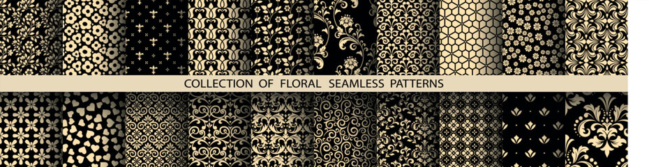 Geometric floral set of seamless patterns. Golden and black vector backgrounds. Damask graphic ornaments