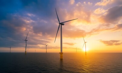 Obraz premium ahmadwahyuutomo776@gmail.com Futuristic offshore wind turbine farm in a deep ocean setting, showcasing renewable energy technology.