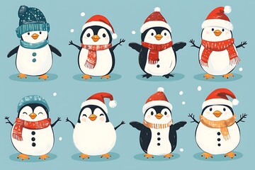 Cute Penguins in Winter Hats and Scarves
