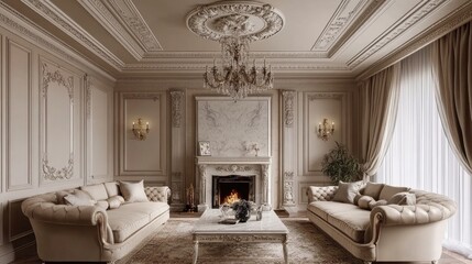 Luxurious traditional living room with ornate ceiling molding, a marble fireplace, and plush seating in neutral tones