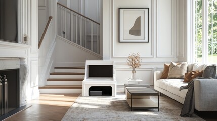 Luxury living room with built-in pet stairs to couches, a discreet litter box area, and tasteful decor for harmony and function