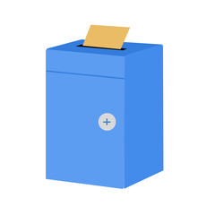 Blue submission box containing a paper piece suggests idea submission and feedback process Use for presentations or demonstrating suggestion methods