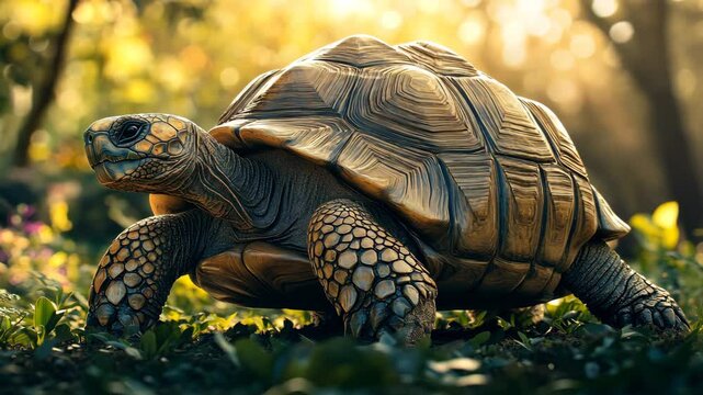 Realistic Turtle and Tortoise Walking in Sunlit Greenery, Showcasing Intricate Shell Patterns in Their Natural Wildlife Habitat