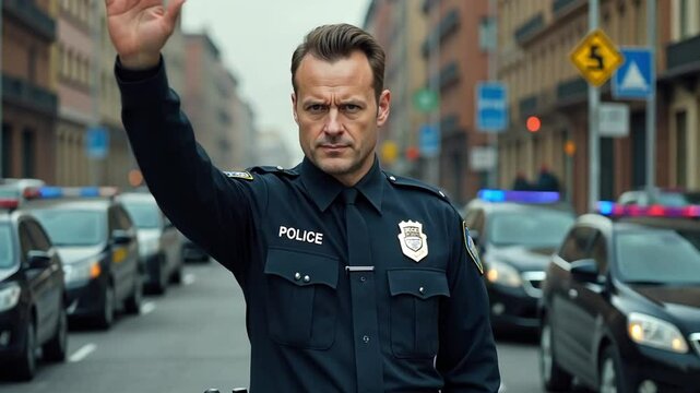 A stern police officer directs traffic, exuding authority against a blurred urban backdrop.