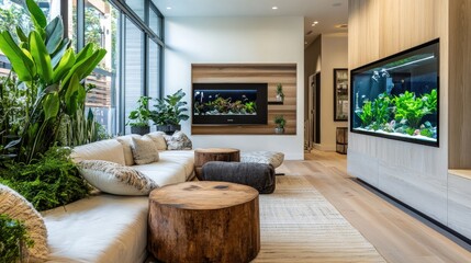 Luxury pet-friendly living space with a built-in aquarium, pet-friendly greenery, and custom lounging spaces for cats and dogs