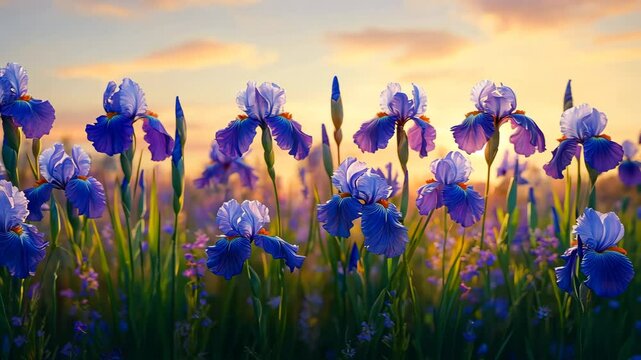 Beautiful purple irises bloom in vibrant field at sunset, creating serene landscape filled with floral beauty and essence of natures garden.
