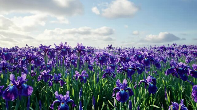 Vibrant purple iris flowers bloom in lush green field under blue sky adorned with fluffy clouds, creating serene and picturesque landscape in nature.