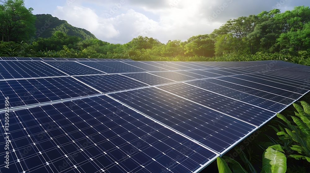 Poster ahmadwahyuutomo776@gmail.com Futuristic solar panel farm with large photovoltaic installations in a wide landscape view.