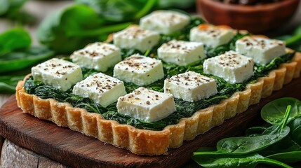 Spinach and Feta Tart on Wooden Board
