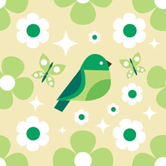 Cute summer seamless pattern with nature elements. Birds, butterflies, flowers. Geometric design elements. Vector flat illustration.
