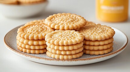 Stacked cookies on plate, light background