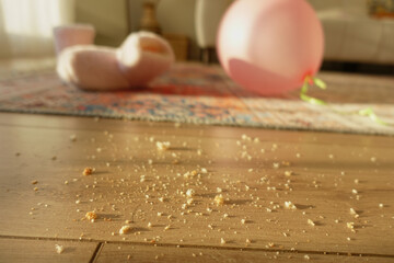 Messy living room with crumbs and a pink balloon on the floor