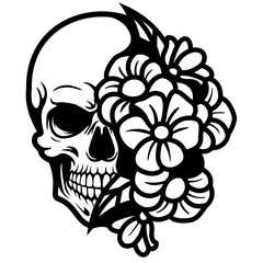 Floral Skull | Human Skull | Halloween | Skull with Flowers | Skeleton Face | Skull Head with Floral | Skeleton | Floral Skeleton | Original Illustration | Vector and Clipart | Cutfile and Stencil