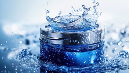 Blue cosmetic cream jar with water splash.