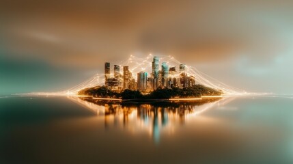 Naklejka premium Futuristic Smart City Island AI Cloud Computing Network
