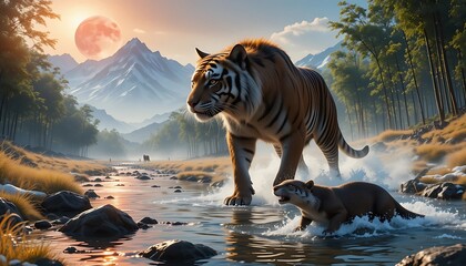 Tiger and Otter Crossing River at Sunset with Mountains and Trees
