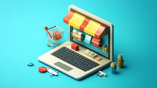 Laptop showcasing online store with cart, and padlock for symbolizing secure online shopping experience or business marketing technology modern concept.