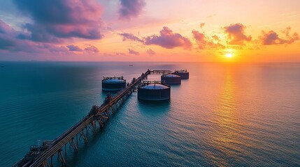Obraz premium Offshore oil tanks sunset ocean industry