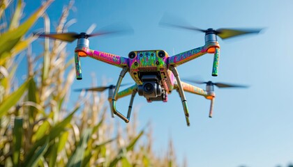 Drone flight over cornfields agriculture technology image clear sky aerial view innovation