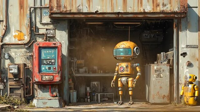 A small, yellow robot standing outside an industrial workshop, next to a vending machine.