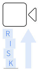 Video camera icon, stacked letters forming RISK, and upward arrow. Ideal for business growth, risk analysis, decision-making, innovation, management, strategy abstract line flat metaphor