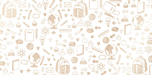 Back to school seamless patterns hand drawn doodle line art golden colors isolated white backgrounds for textile wallpapers, books cover, Digital interfaces, prints templates material cards invitation © IchdaAlimul