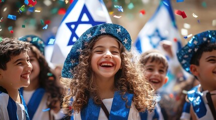 Celebration of freedom: Yom Haatzmaut, national pride, israel emblem, cultural heritage, joyful people, historic significance, annual festivity, unity spirit, national identity, symbolic flag.