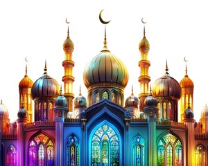 Obraz premium Colorful Mosque Eid Celebration Night. Holiday greeting card design
