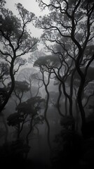 Fototapeta premium Eerie Forest Silhouette in Dense Fog. Mysterious Landscape, Moody Scene. Black and White Nature. Generative AI.