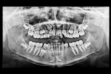 Dental panoramic x-ray of a teenager showing several unerupted premolars due to misalignment. Wisdom teeth are still in bud stage. The radiograph reveals dental development and eruption issues.