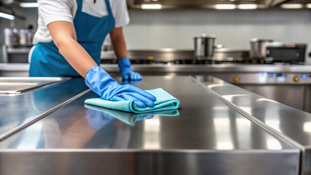 professional cleaner is wiping stainless steel kitchen surface with blue cloth, ensuring spotless and hygienic environment