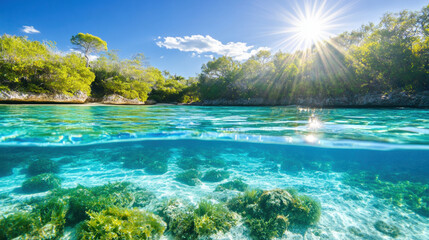Beneath sunlit surface, vibrant underwater landscape showcases lush seaweed swaying gently in turquoise waters
