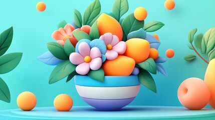 A vase filled with oranges and flowers sits elegantly on a table.