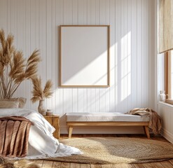 Boho bedroom interior with blank art mockup, natural light, comfortable bed, wooden bench, and warm color palette.