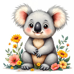 Cute Koala with Colorful Flowers Illustration