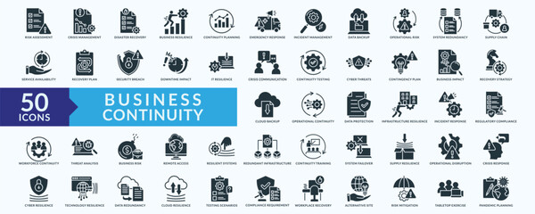 Business continuity icon collection set with risk assessment,crisis management,disaster recovery, data backup, system redundancy
