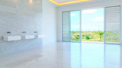 Fototapeta premium Modern Minimalist Bathroom Design Marble Sinks Panoramic View