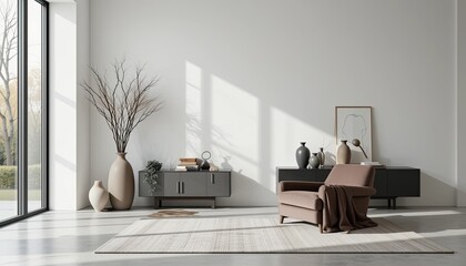Modern living room interior design minimalistic space digital art natural light wide angle comfort
