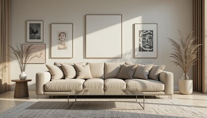 Fototapeta premium Elegant living room design modern home interior photograph bright environment wide angle aesthetic